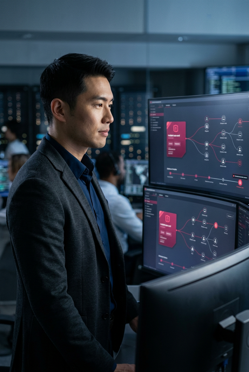 Network operations engineer reviewing AI agent triage with an incident correlation panel