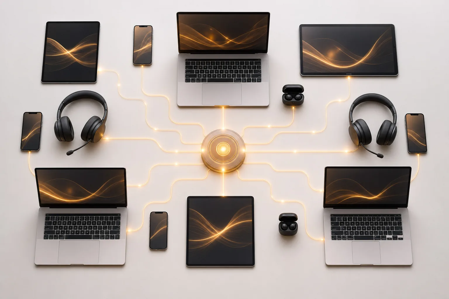 Overhead view of connected laptops, tablets and headsets linked to a central hub
