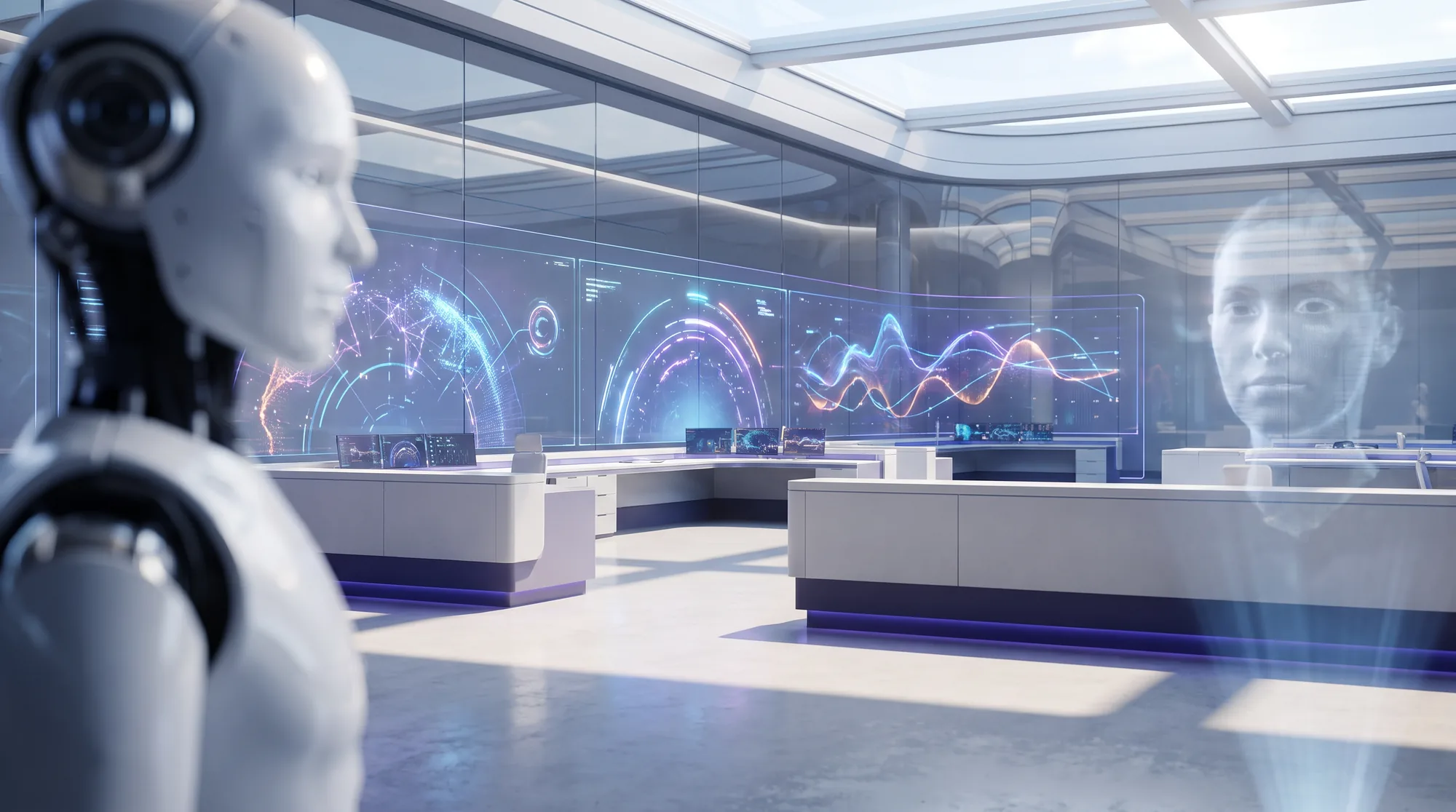 Unified AI operations command center with a humanoid robot and holographic displays