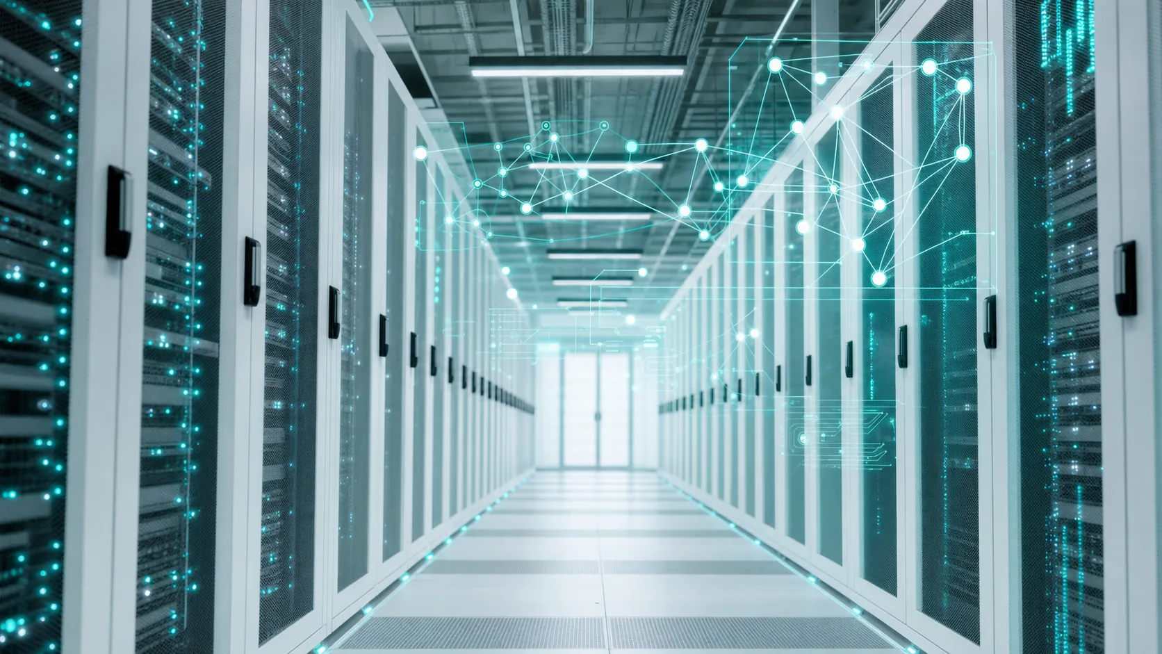 Data center aisle with holographic network topology overlays