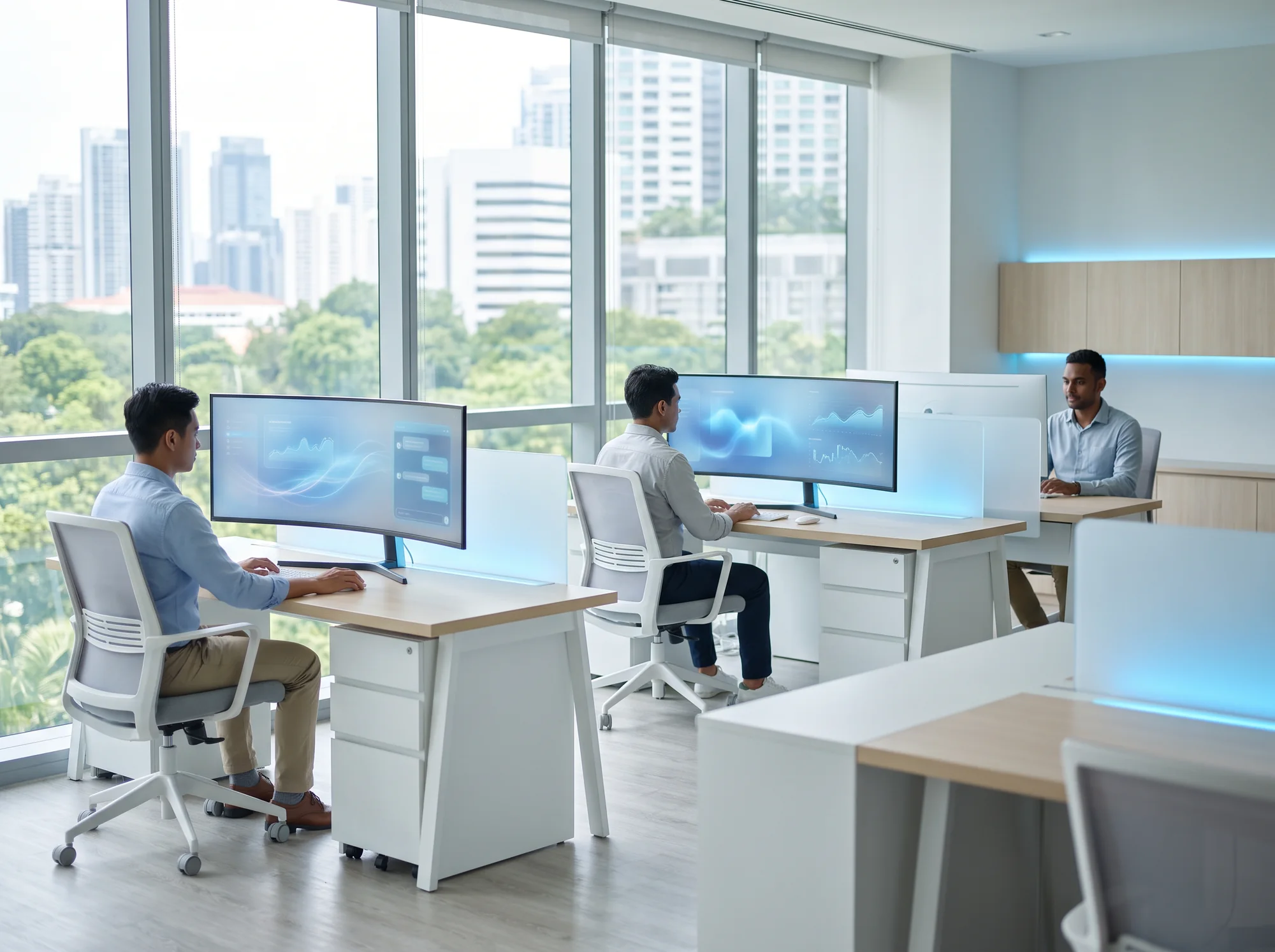 Bright modern service desk floor with specialists and AI assistant screens