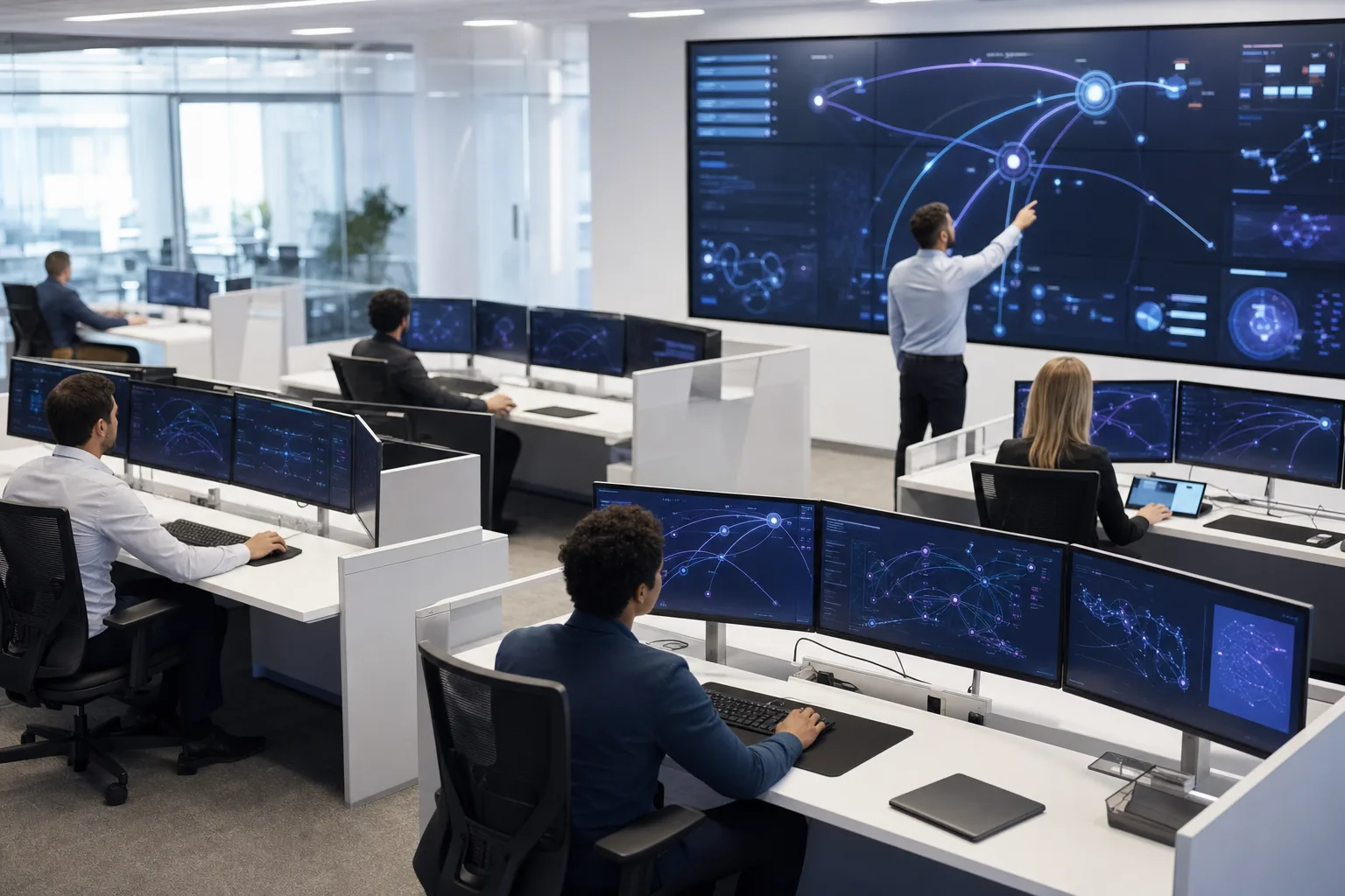 Managed services operations floor with engineers monitoring dashboards