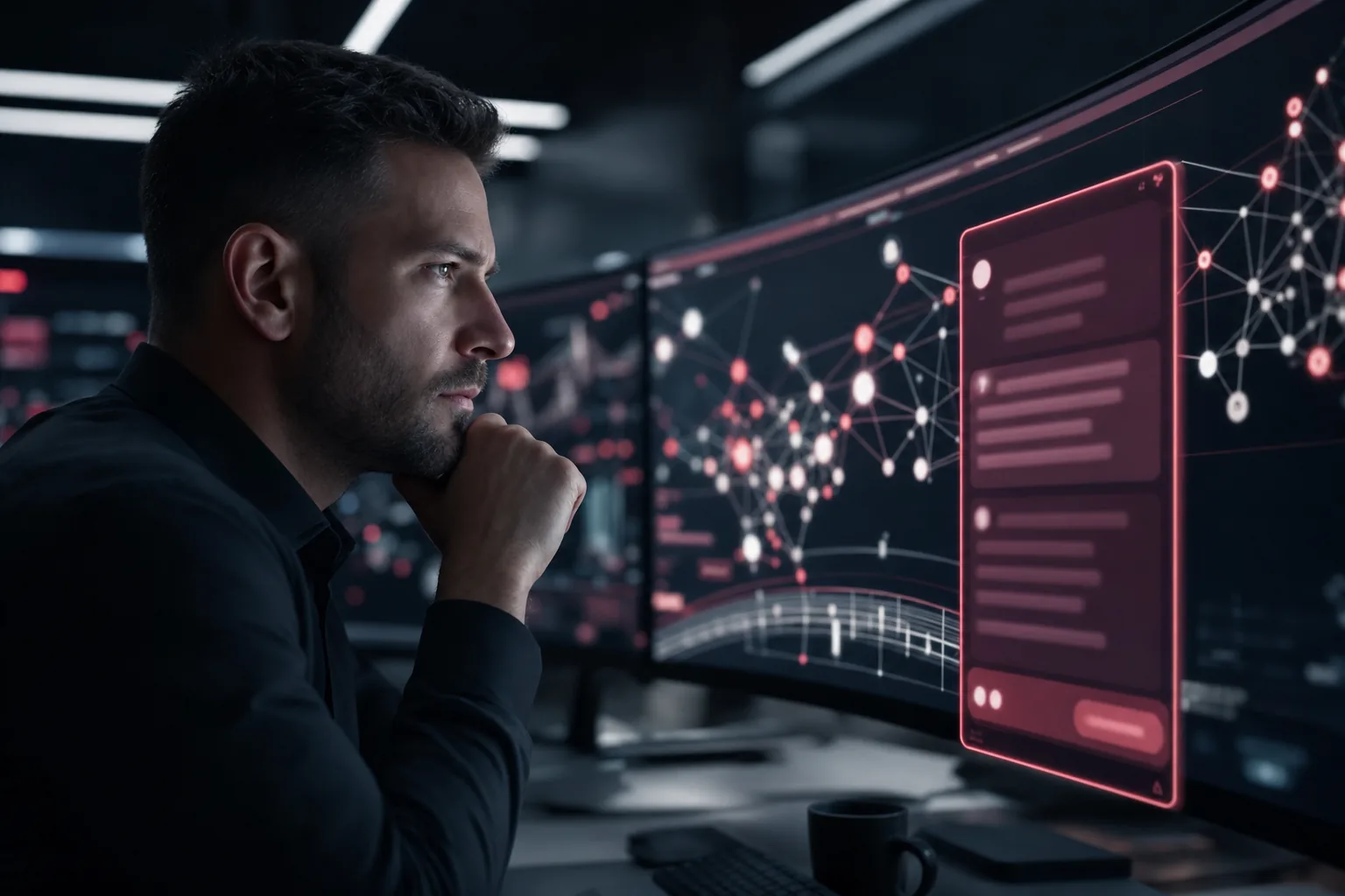 Security analyst reviewing threat graphs with an AI copilot panel